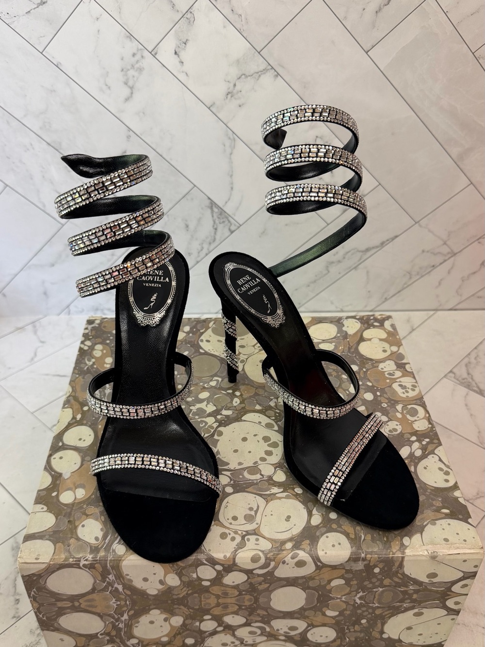 RENE CAOVILLA MARGOT Black Suede Satin Crystal-Embellished strass